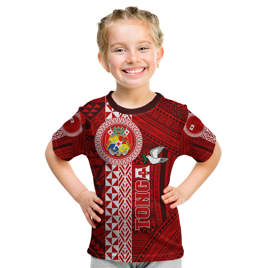 Custom Tonga Rugby Kid T Shirt World Cup 2023 Coat Of Arms Ngatu Pattern LT05 Red - Polynesian Pride