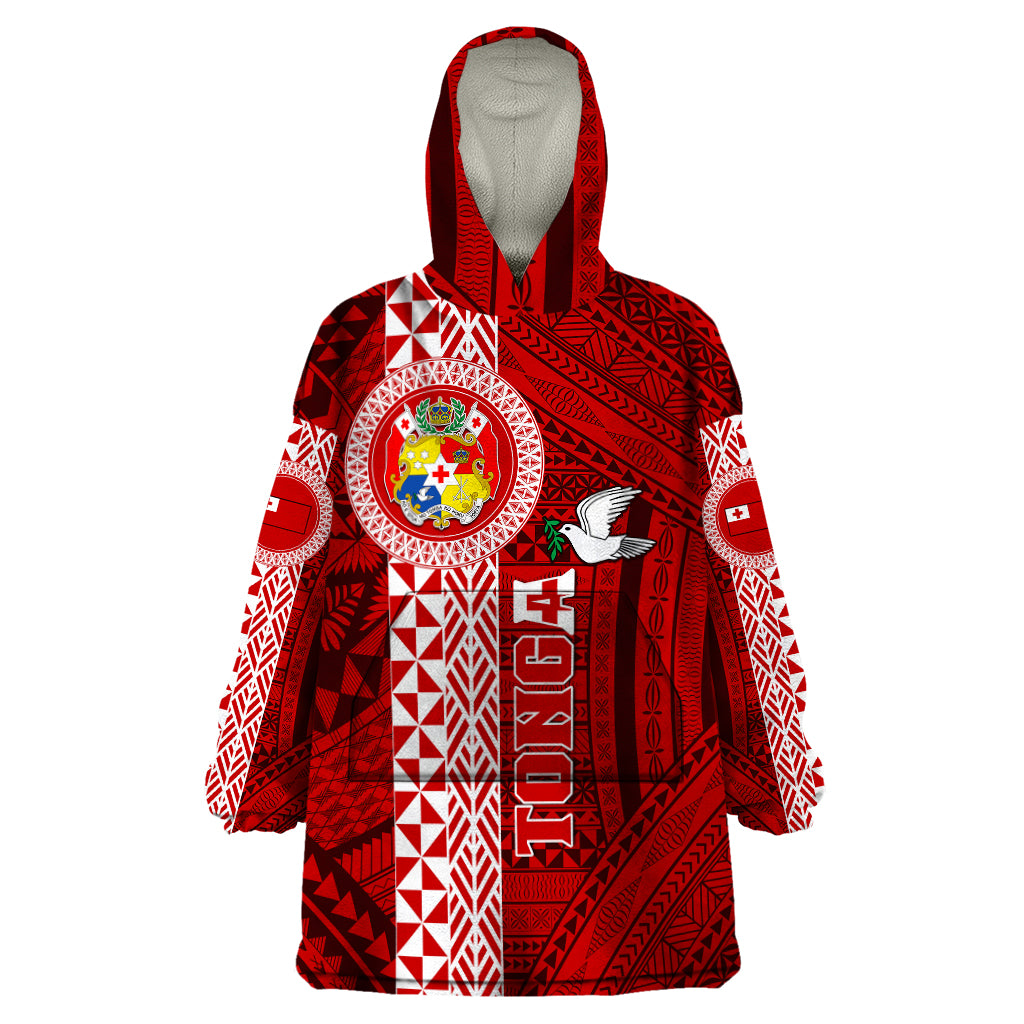 Custom Tonga Rugby Wearable Blanket Hoodie World Cup 2023 Coat Of Arms Ngatu Pattern LT05 One Size Red - Polynesian Pride