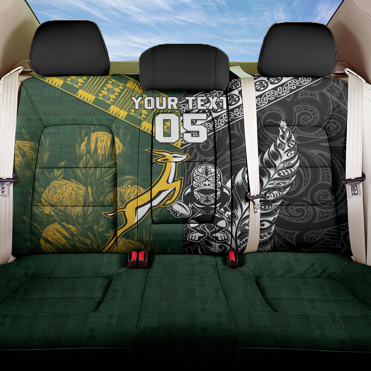 Rugby New Zealand South Africa Back Car Seat Cover Maori Tiki Springboks Together LT05 One Size Black - Polynesian Pride