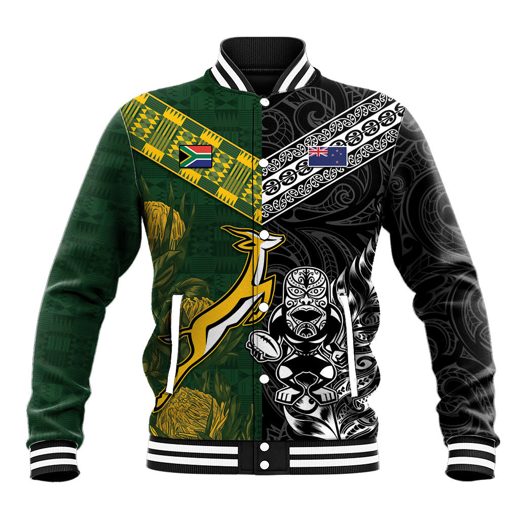 Rugby New Zealand South Africa Baseball Jacket Maori Tiki Springboks Together LT05 Unisex Black - Polynesian Pride
