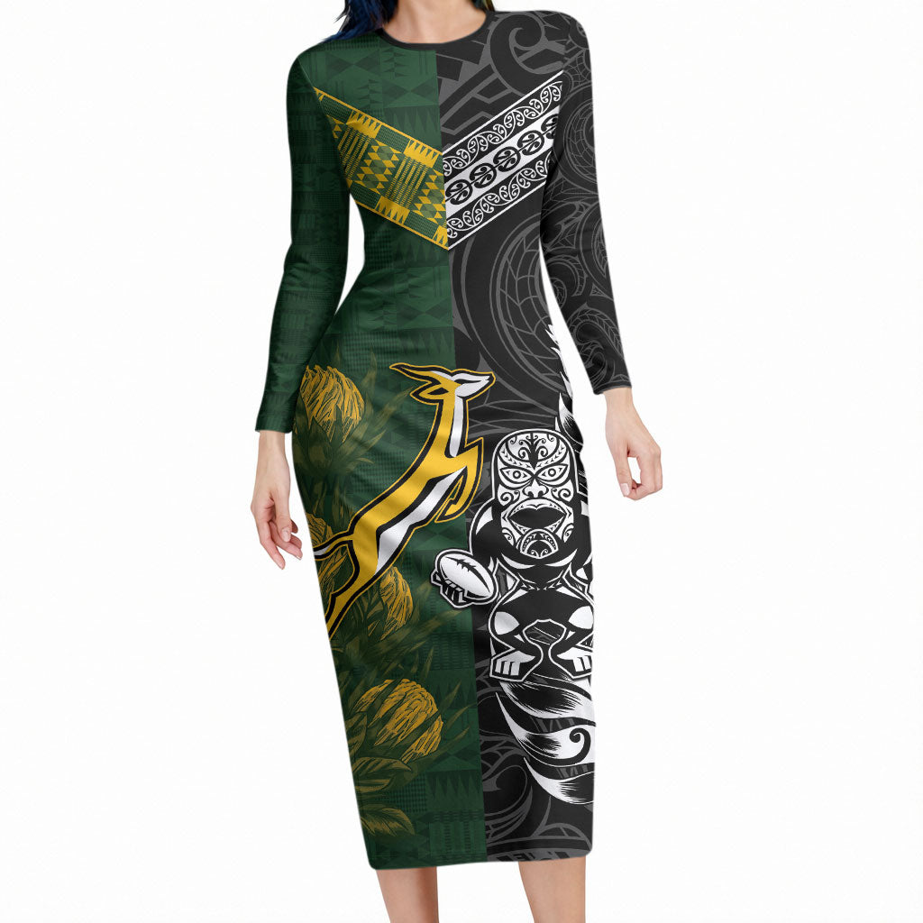 Rugby New Zealand South Africa Long Sleeve Bodycon Dress Maori Tiki Springboks Together LT05 Long Dress Black - Polynesian Pride