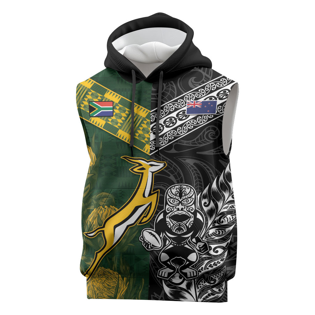 Rugby New Zealand South Africa Sleeveless Hoodie Maori Tiki Springboks Together