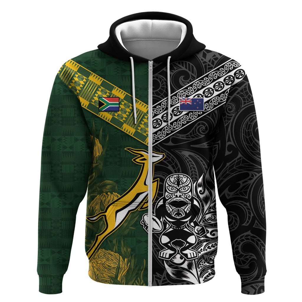 Rugby New Zealand South Africa Zip Hoodie Maori Tiki Springboks Together