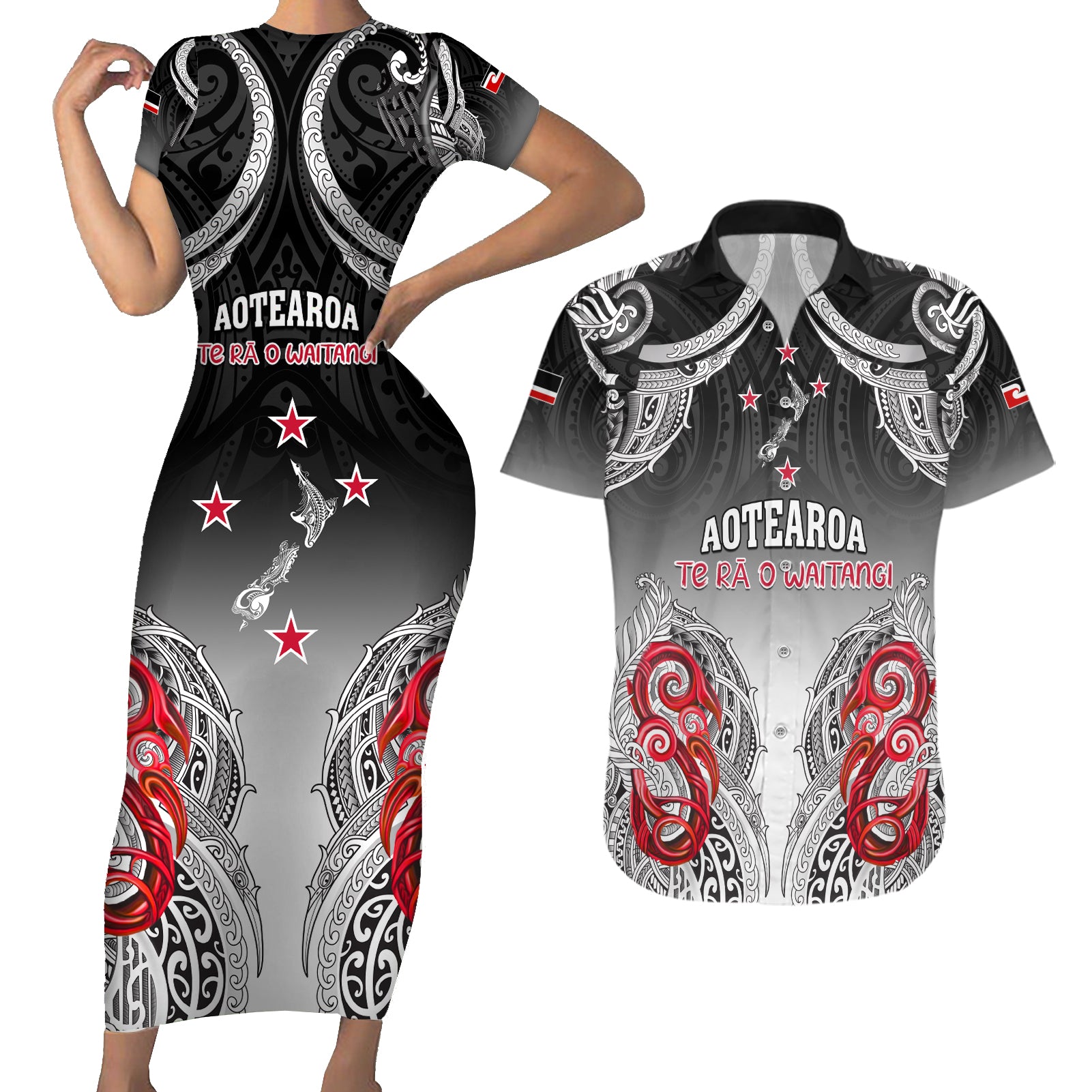 Personalised New Zealand Waitangi Day Couples Matching Short Sleeve Bodycon Dress and Hawaiian Shirt Aotearoa Te Ra O Waitangi Manaia Maori Pattern LT05 Black - Polynesian Pride