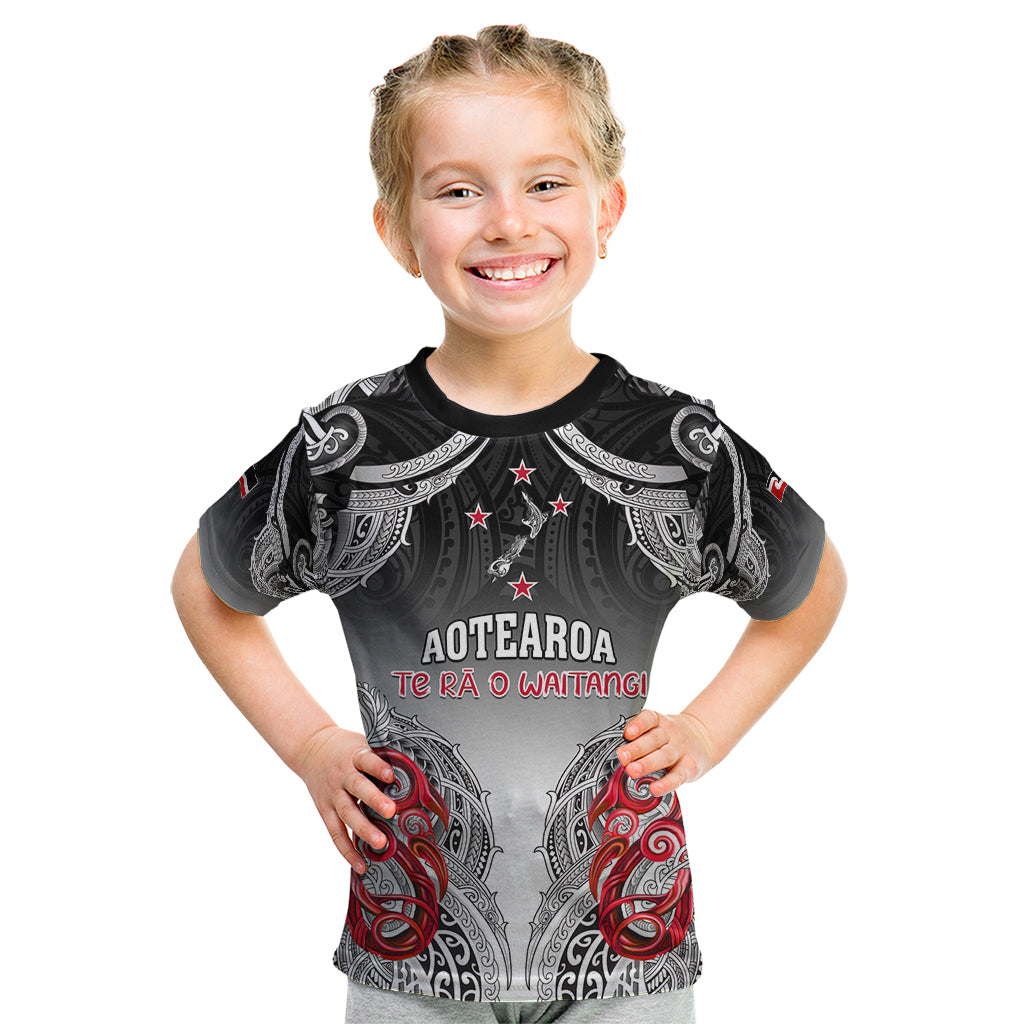 Personalised New Zealand Waitangi Day Kid T Shirt Aotearoa Te Ra O Waitangi Manaia Maori Pattern LT05 Black - Polynesian Pride