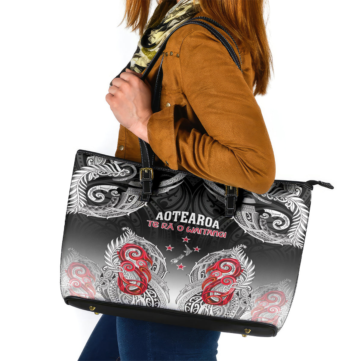 New Zealand Waitangi Day Leather Tote Bag Aotearoa Te Ra O Waitangi Manaia Maori Pattern LT05 Black - Polynesian Pride