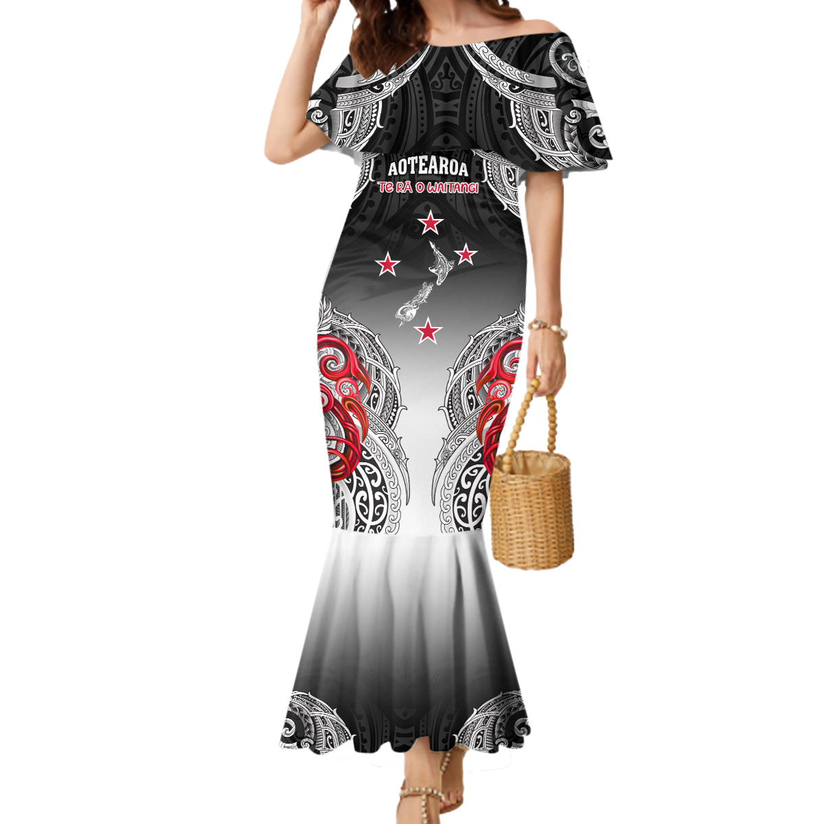 Personalised New Zealand Waitangi Day Mermaid Dress Aotearoa Te Ra O Waitangi Manaia Maori Pattern LT05 Women Black - Polynesian Pride