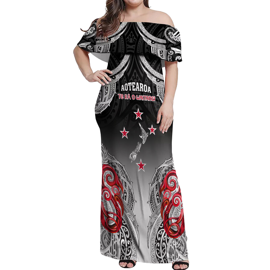 Personalised New Zealand Waitangi Day Off Shoulder Maxi Dress Aotearoa Te Ra O Waitangi Manaia Maori Pattern LT05 Women Black - Polynesian Pride