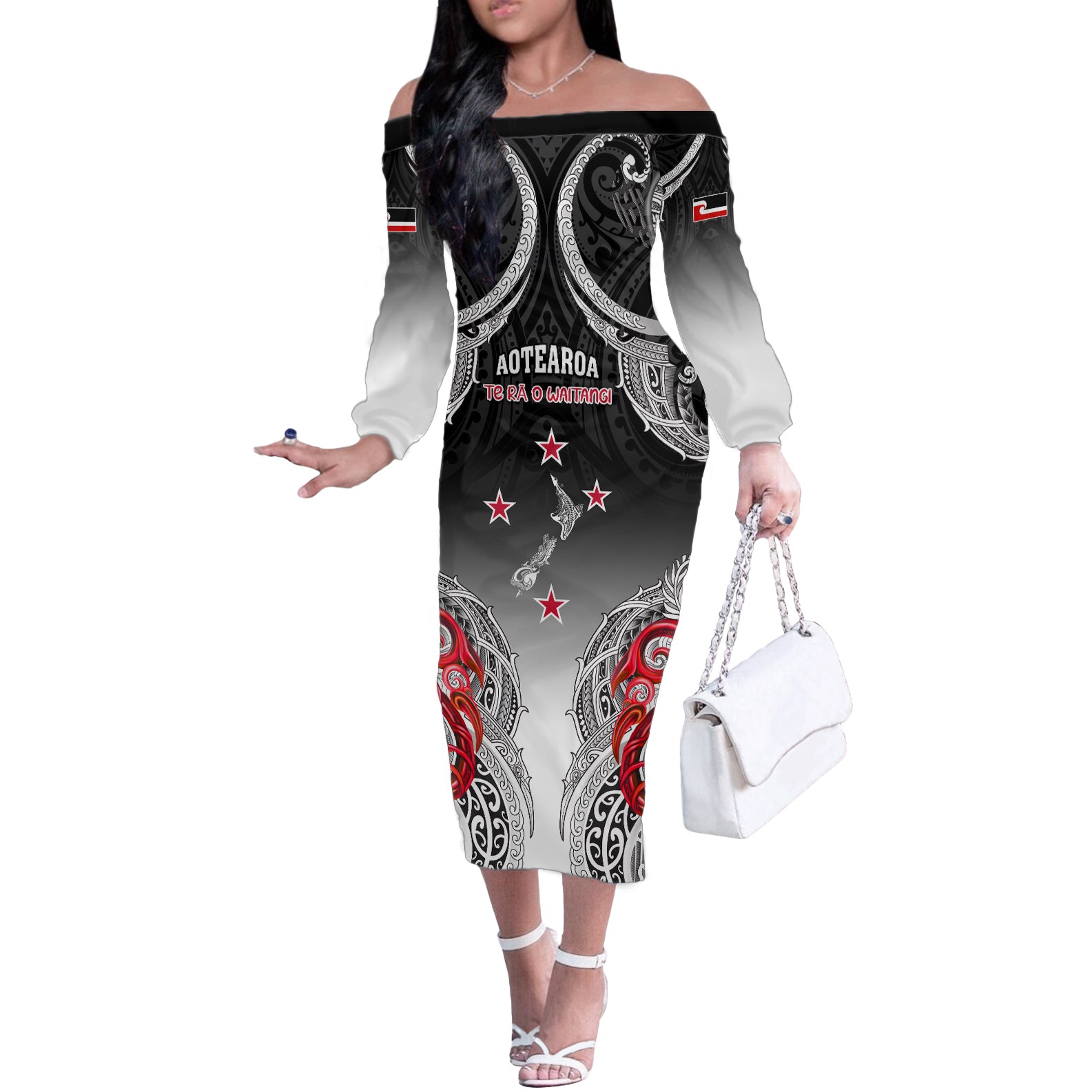 Personalised New Zealand Waitangi Day Off The Shoulder Long Sleeve Dress Aotearoa Te Ra O Waitangi Manaia Maori Pattern LT05 Women Black - Polynesian Pride