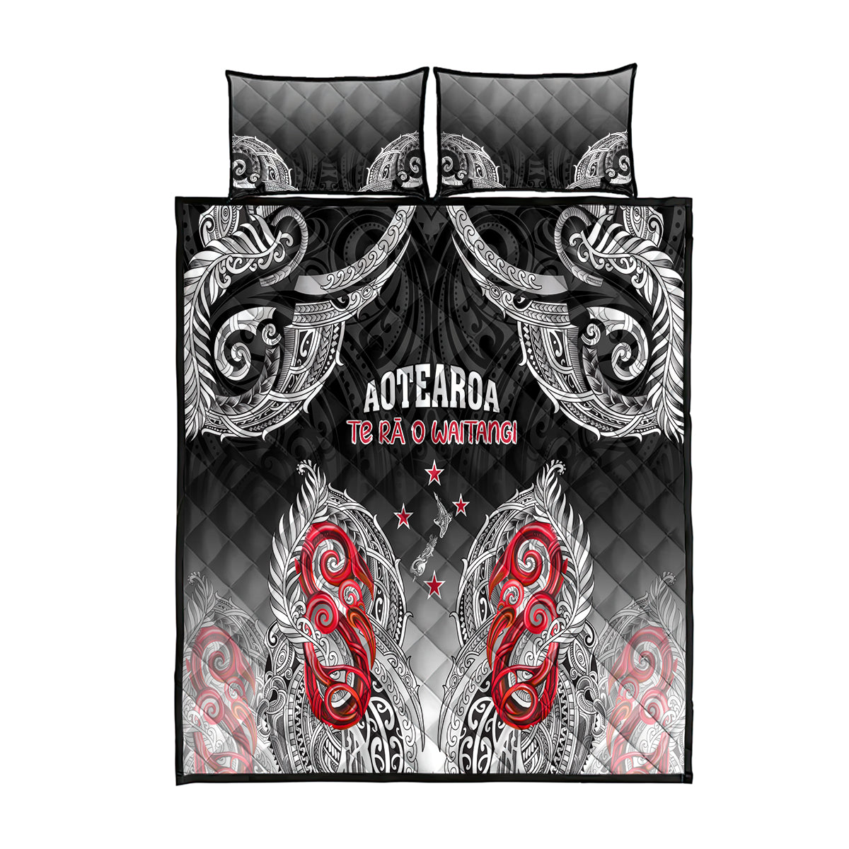 New Zealand Waitangi Day Quilt Bed Set Aotearoa Te Ra O Waitangi Manaia Maori Pattern LT05 Black - Polynesian Pride