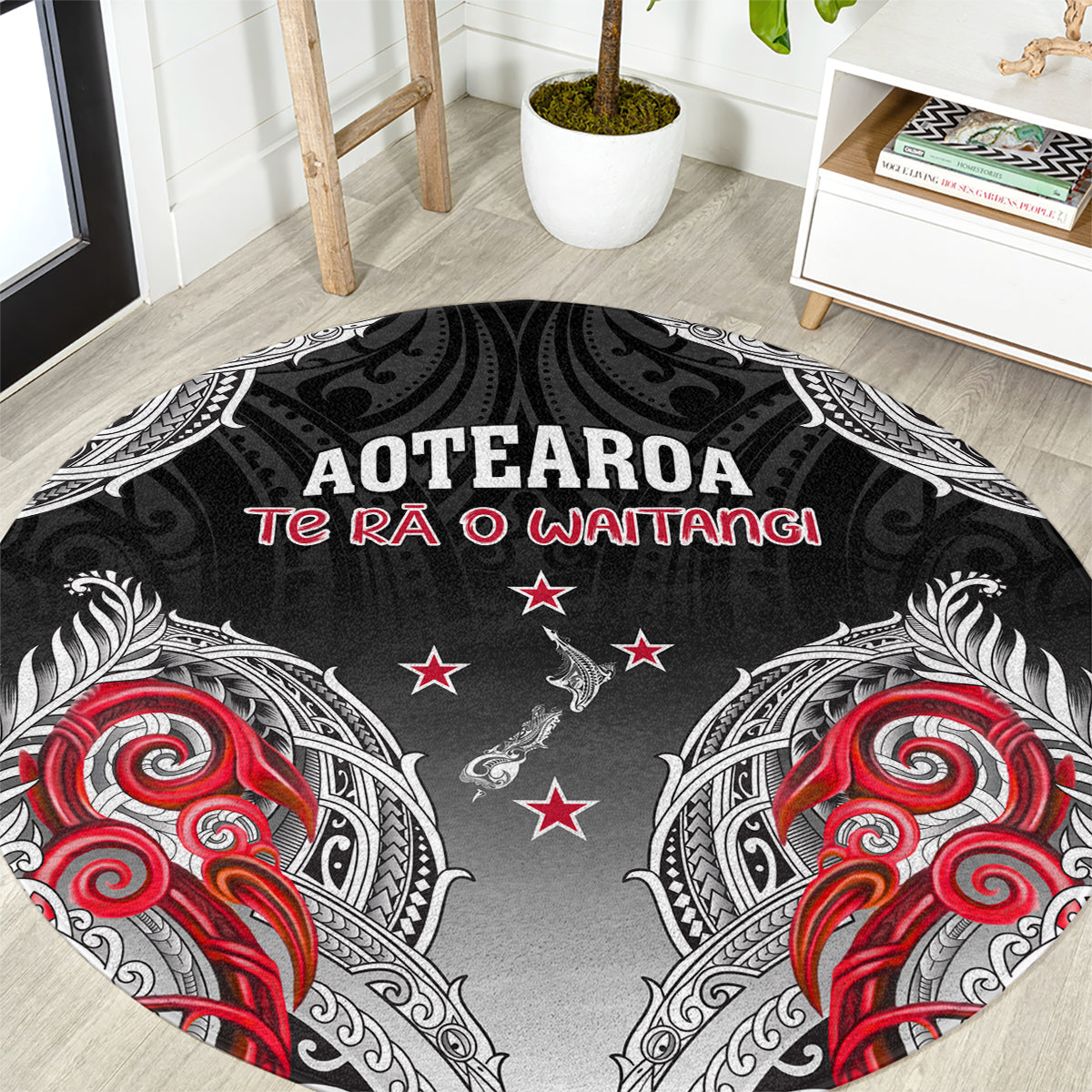 New Zealand Waitangi Day Round Carpet Aotearoa Te Ra O Waitangi Manaia Maori Pattern LT05 Black - Polynesian Pride