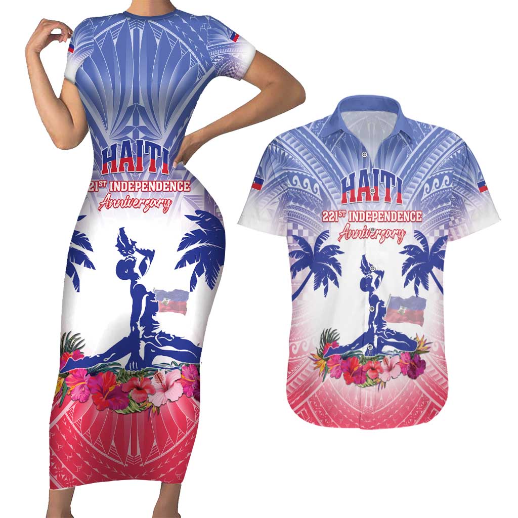 Personalised Haiti Independence Day Couples Matching Short Sleeve Bodycon Dress and Hawaiian Shirt Neg Maron Polynesian Style LT05