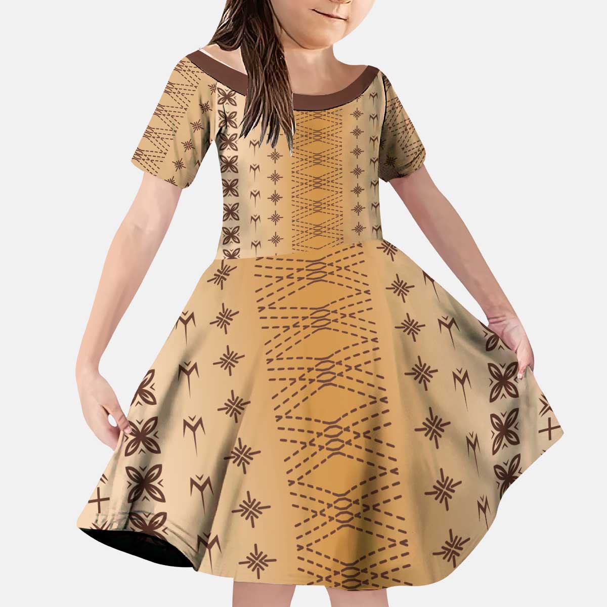 Beige Samoa Malu Tattoo Inspired Kid Short Sleeve Dress LT05 KID Beige - Polynesian Pride