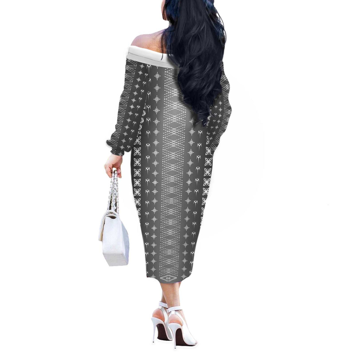 Black Samoa Malu Tattoo Inspired Off The Shoulder Long Sleeve Dress LT05 - Polynesian Pride
