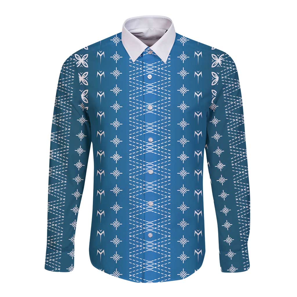 Blue Samoa Malu Tattoo Inspired Long Sleeve Button Shirt LT05 Unisex Blue - Polynesian Pride