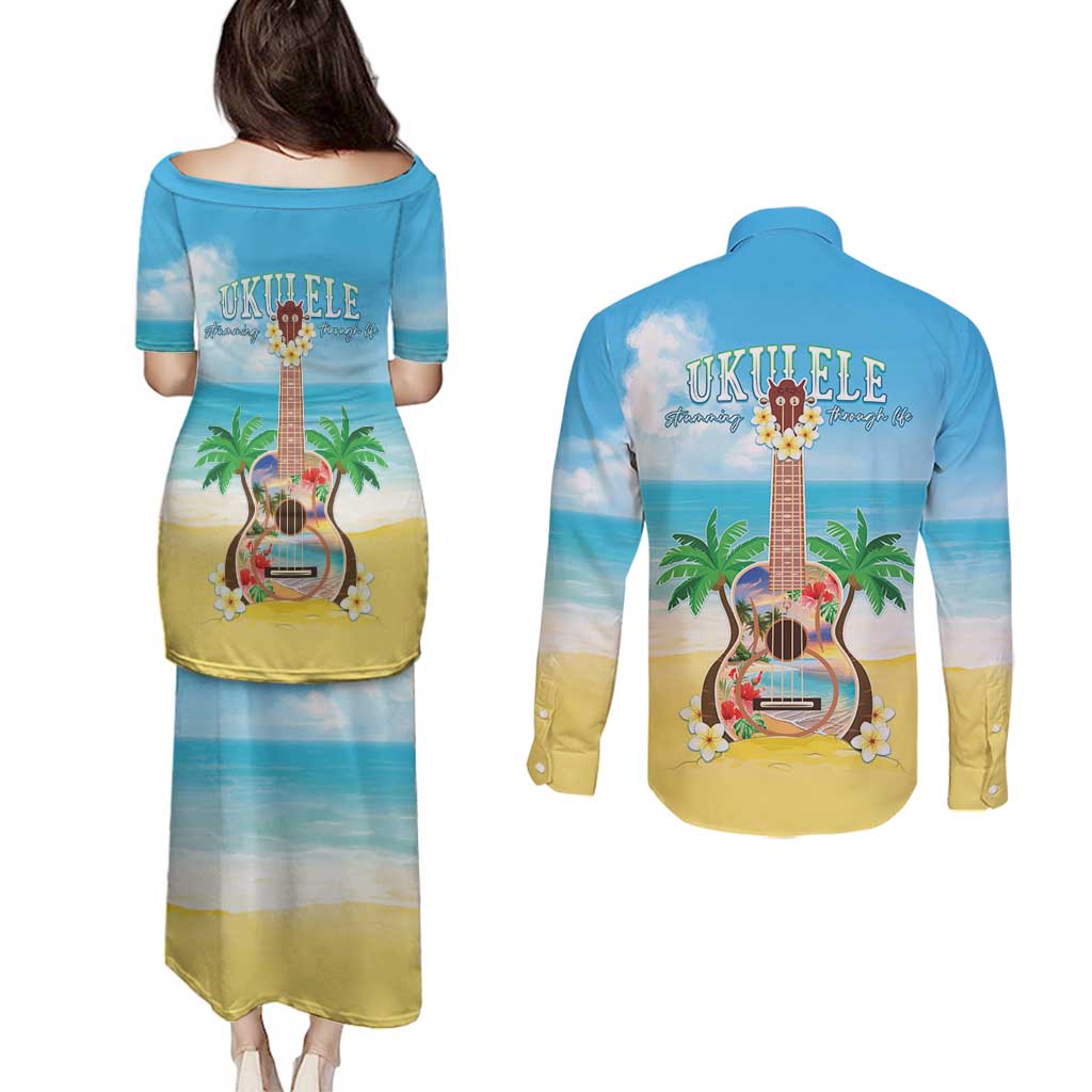 Hawaiian Ukulele Couples Matching Puletasi and Long Sleeve Button Shirt Sound Of Happiness LT05 - Polynesian Pride