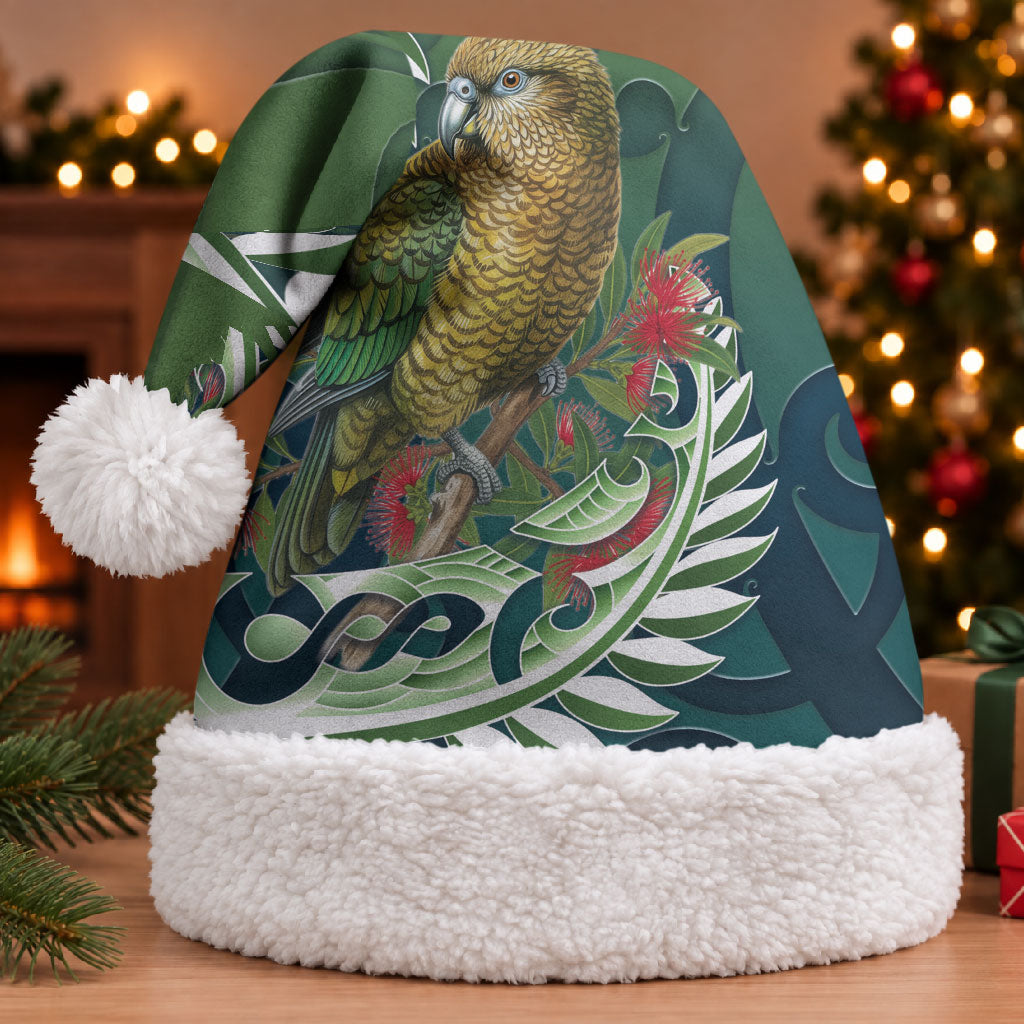New Zealand Kea Bird Christmas Santa Hat With Maori Koru Fern LT05 With Fur Green - Polynesian Pride