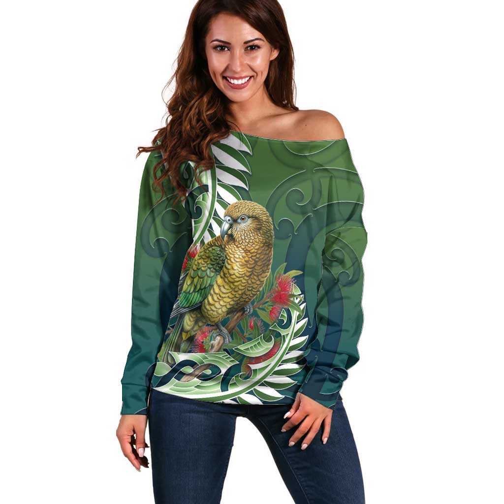 New Zealand Kea Bird Off Shoulder Sweater With Maori Koru Fern LT05 Women Green - Polynesian Pride