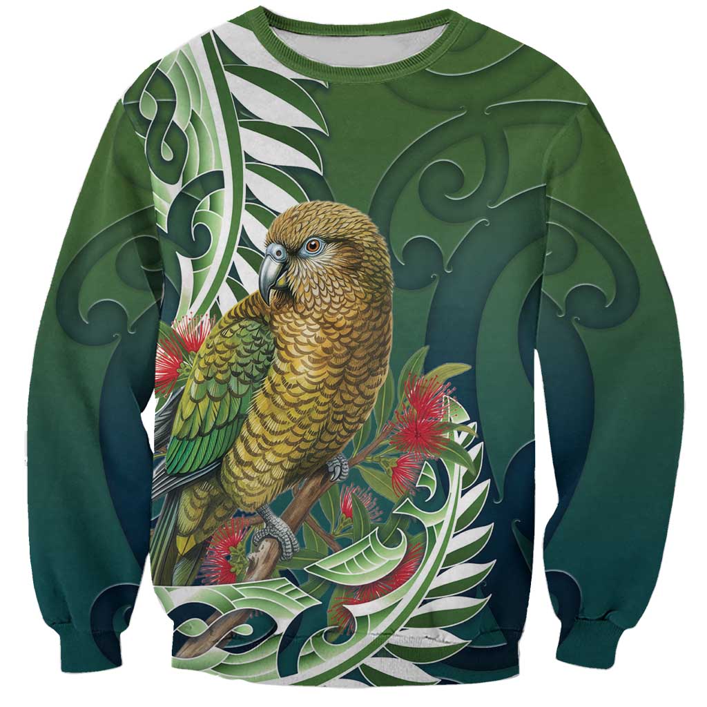 New Zealand Kea Bird Sweatshirt With Maori Koru Fern LT05 Unisex Green - Polynesian Pride