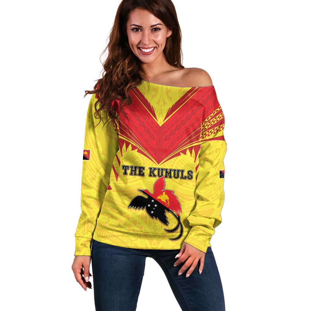 Papua New Guinea Rugby Custom Off Shoulder Sweater Kumuls Heritage LT05 Women Yellow - Polynesian Pride