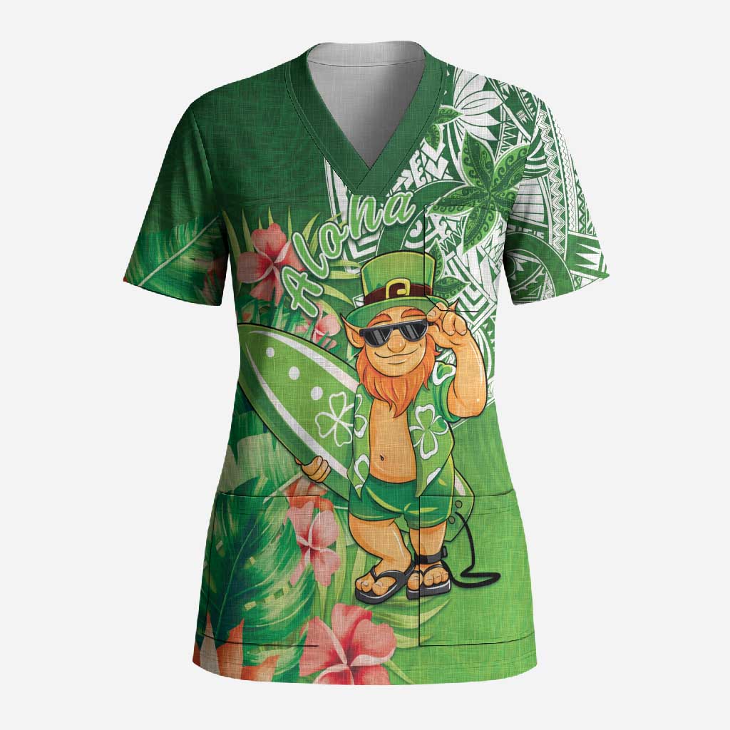 Aloha Hawaii St Patrick's Day Scrub Top Polynesian Style LT05 Adult Green - Polynesian Pride