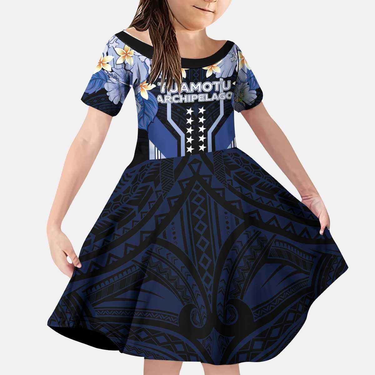 French Polynesia Tuamotu Archipelago Kid Short Sleeve Dress Polynesian Pattern Unique Style LT05 KID Navy - Polynesian Pride