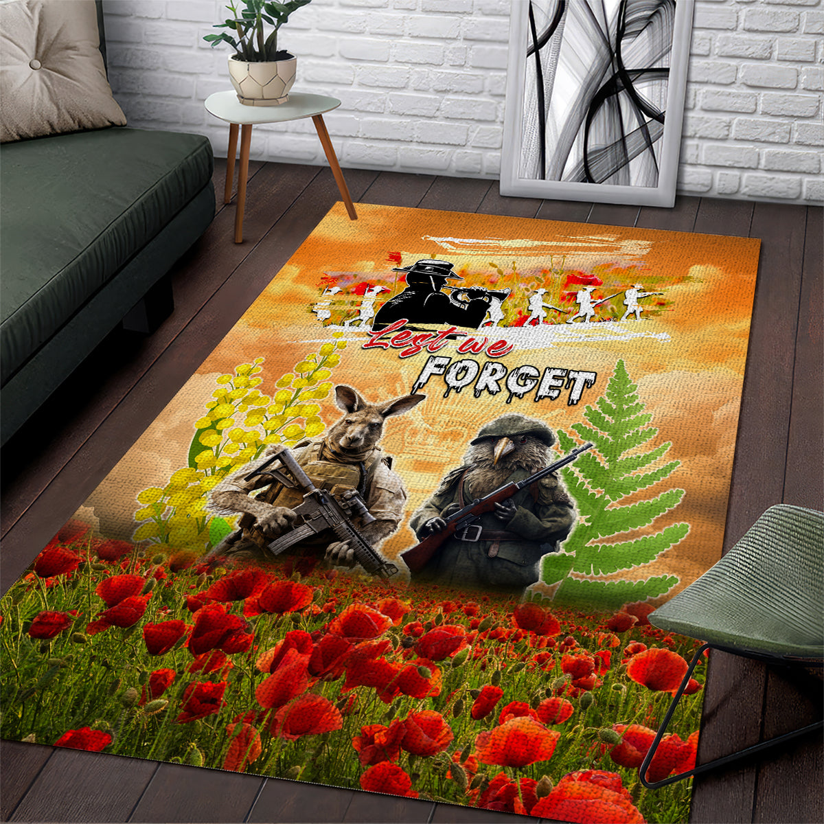 Australia And New Zealand ANZAC Day Area Rug Kangaroo And Kiwi Bird Soldiers Lest We Forget LT05 Yellow - Polynesian Pride
