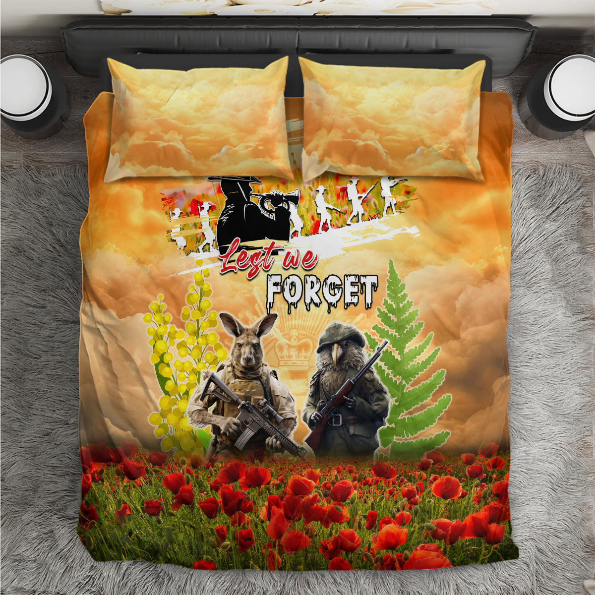 Australia And New Zealand ANZAC Day Bedding Set Kangaroo And Kiwi Bird Soldiers Lest We Forget LT05 Yellow - Polynesian Pride