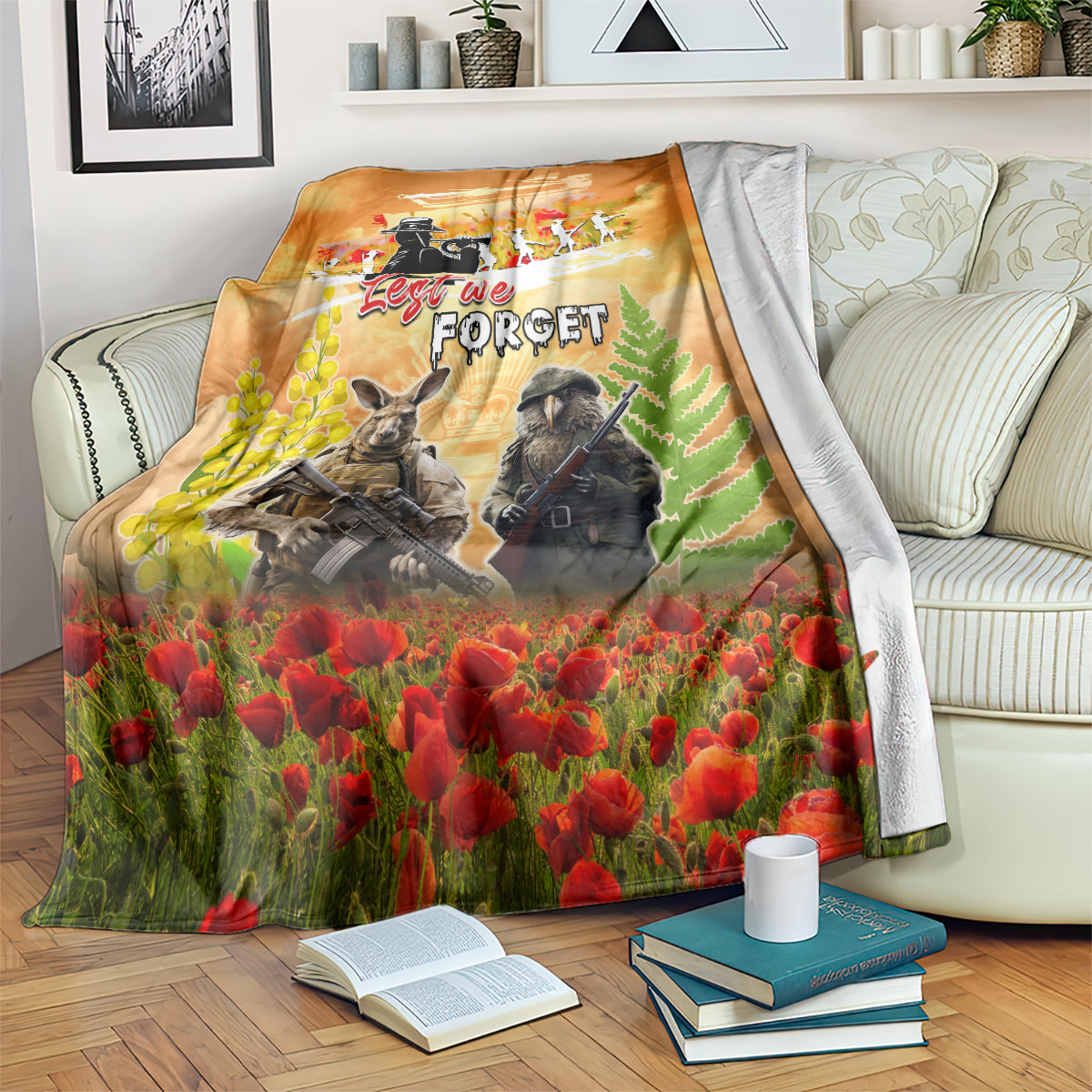 Australia And New Zealand ANZAC Day Blanket Kangaroo And Kiwi Bird Soldiers Lest We Forget LT05 Yellow - Polynesian Pride