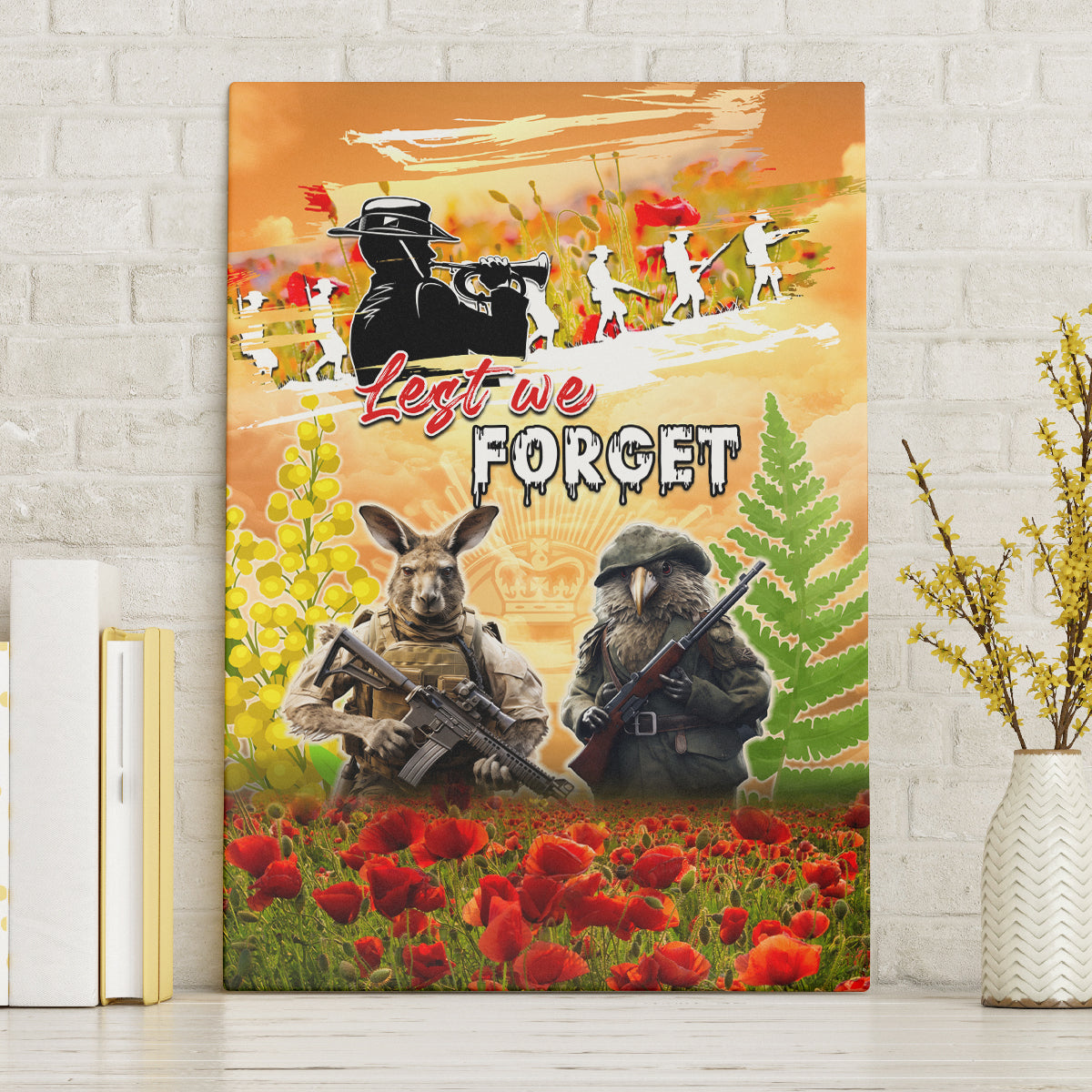 Australia And New Zealand ANZAC Day Canvas Wall Art Kangaroo And Kiwi Bird Soldiers Lest We Forget LT05 Without Frame Yellow - Polynesian Pride