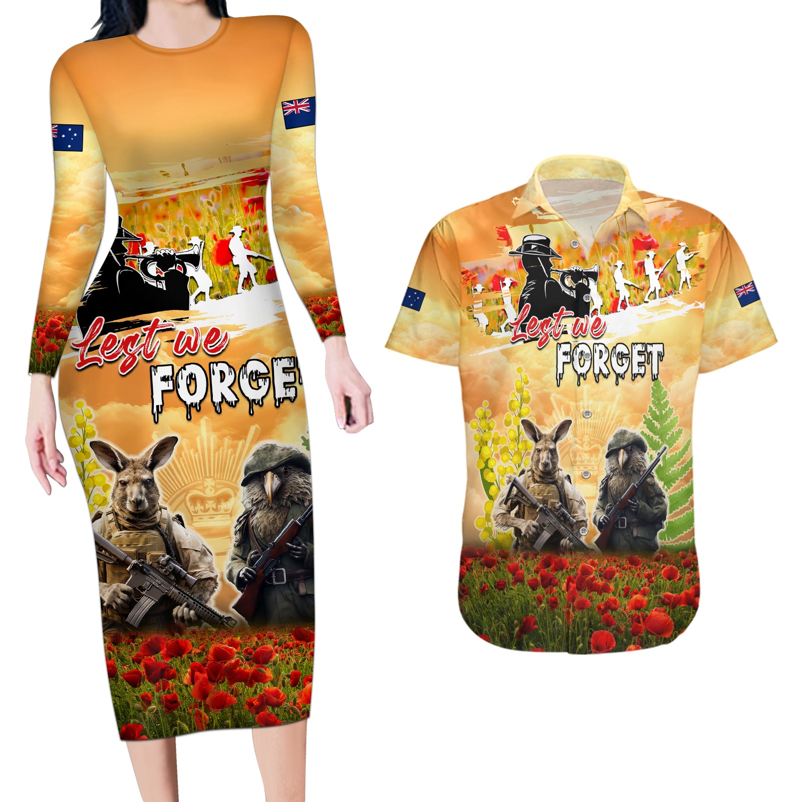 Australia And New Zealand ANZAC Day Couples Matching Long Sleeve Bodycon Dress and Hawaiian Shirt Kangaroo And Kiwi Bird Soldiers Lest We Forget LT05 Yellow - Polynesian Pride