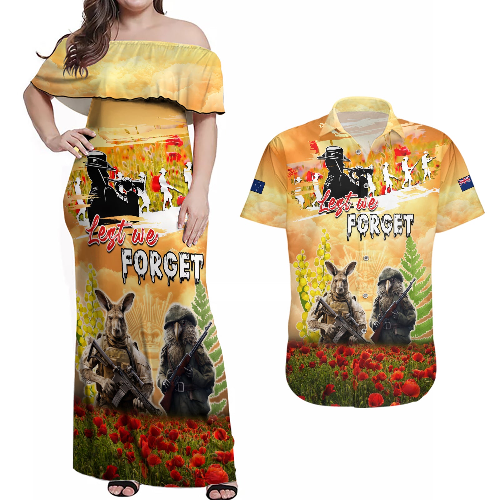 Australia And New Zealand ANZAC Day Couples Matching Off Shoulder Maxi Dress and Hawaiian Shirt Kangaroo And Kiwi Bird Soldiers Lest We Forget LT05 Yellow - Polynesian Pride