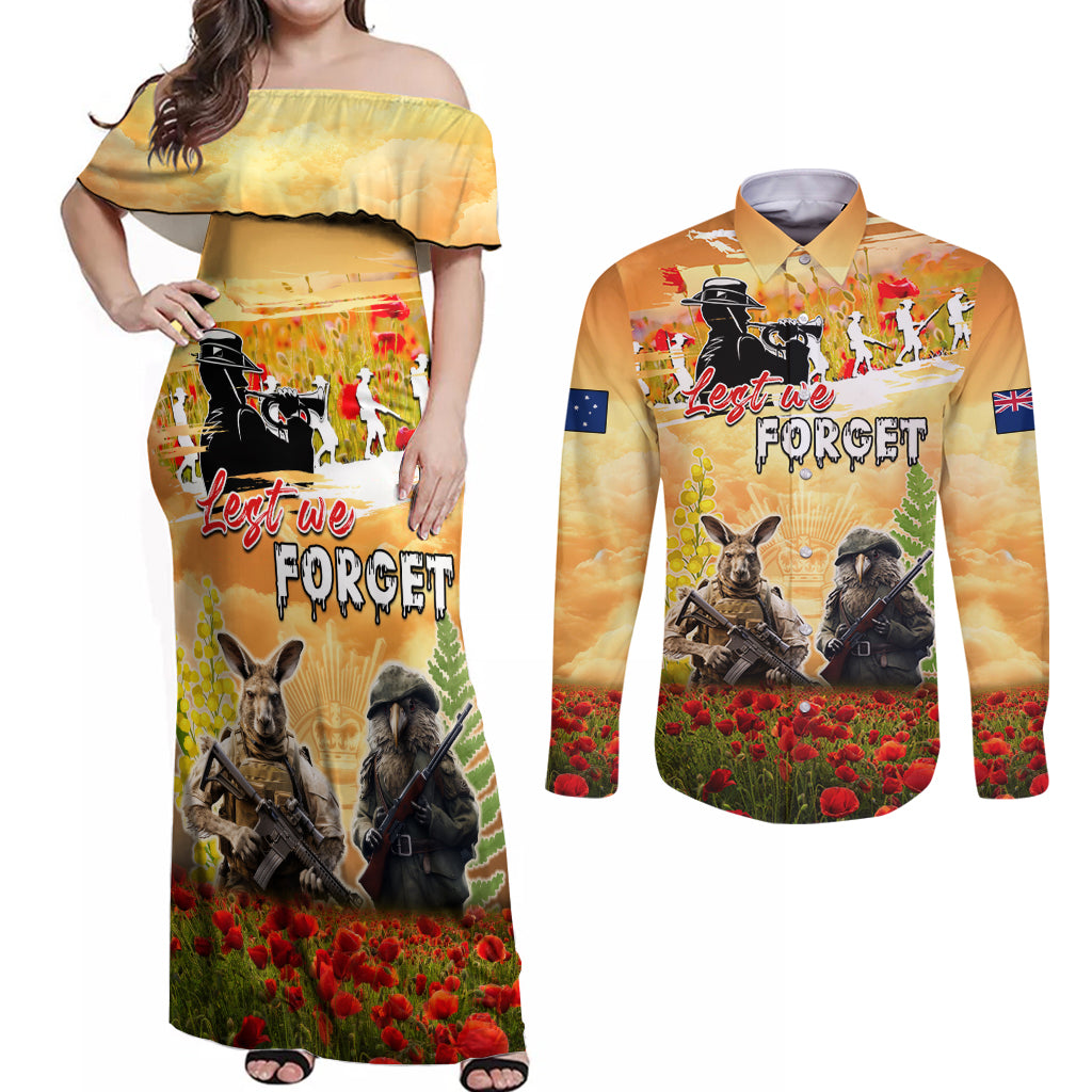 Australia And New Zealand ANZAC Day Couples Matching Off Shoulder Maxi Dress and Long Sleeve Button Shirt Kangaroo And Kiwi Bird Soldiers Lest We Forget LT05 Yellow - Polynesian Pride