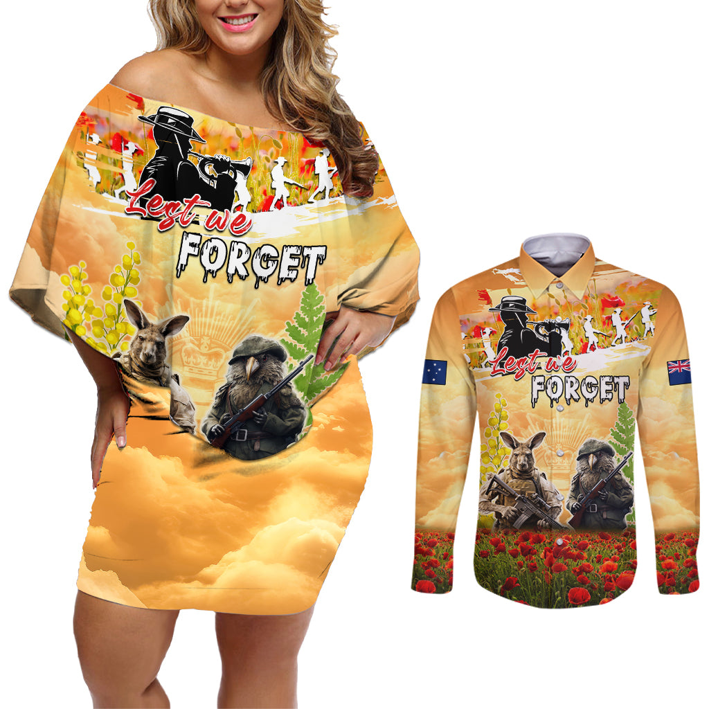 Australia And New Zealand ANZAC Day Couples Matching Off Shoulder Short Dress and Long Sleeve Button Shirt Kangaroo And Kiwi Bird Soldiers Lest We Forget LT05 Yellow - Polynesian Pride