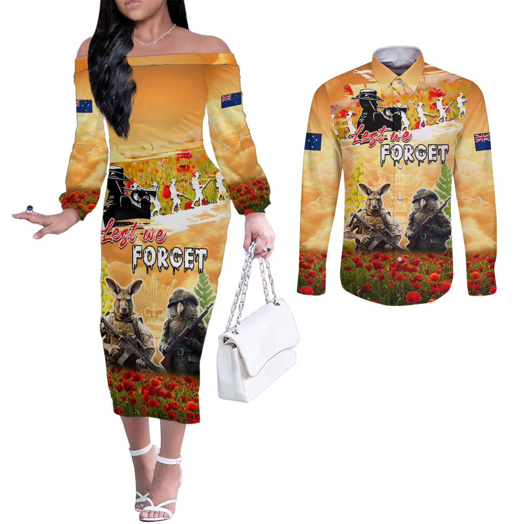 Australia And New Zealand ANZAC Day Couples Matching Off The Shoulder Long Sleeve Dress and Long Sleeve Button Shirt Kangaroo And Kiwi Bird Soldiers Lest We Forget LT05 Yellow - Polynesian Pride