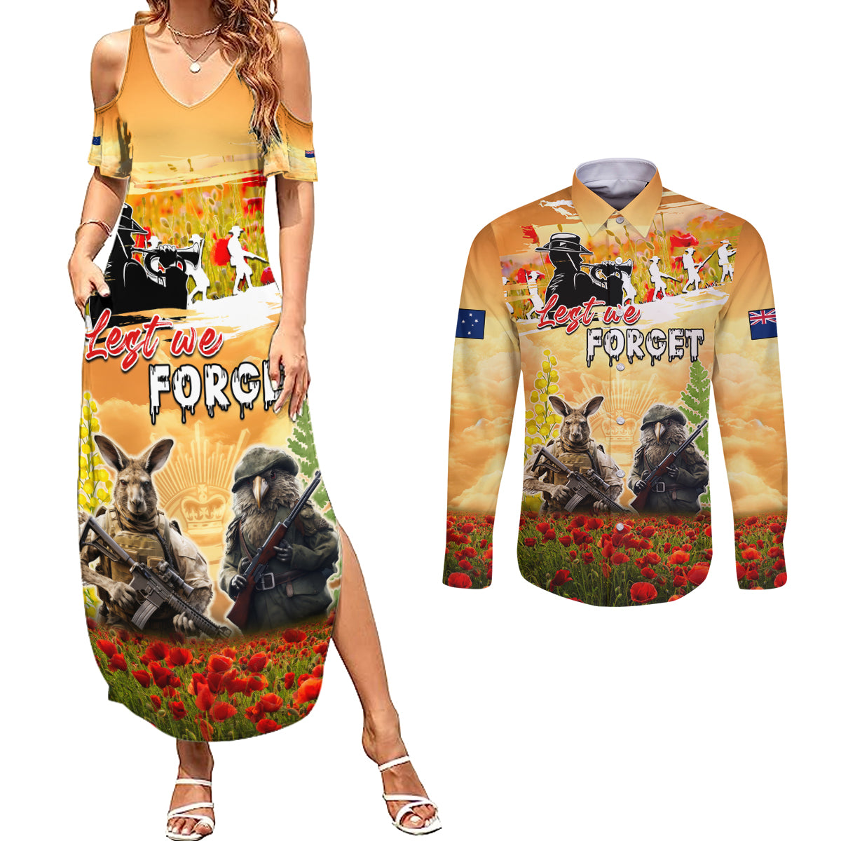 Australia And New Zealand ANZAC Day Couples Matching Summer Maxi Dress and Long Sleeve Button Shirt Kangaroo And Kiwi Bird Soldiers Lest We Forget LT05 Yellow - Polynesian Pride