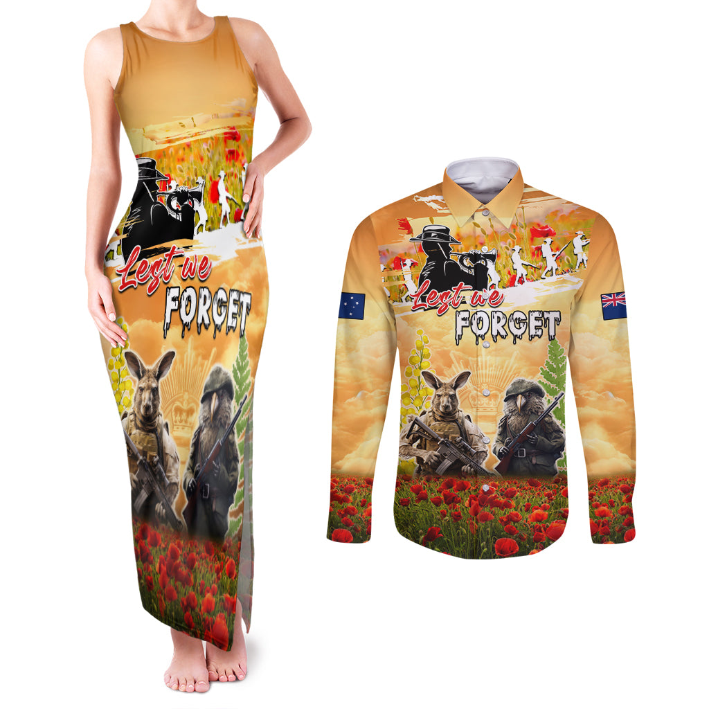 Australia And New Zealand ANZAC Day Couples Matching Tank Maxi Dress and Long Sleeve Button Shirt Kangaroo And Kiwi Bird Soldiers Lest We Forget LT05 Yellow - Polynesian Pride