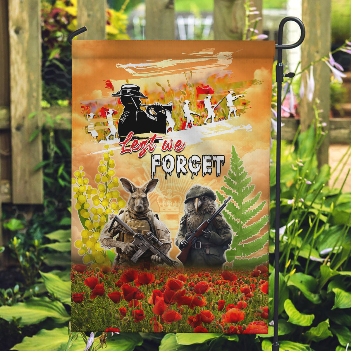 Australia And New Zealand ANZAC Day Garden Flag Kangaroo And Kiwi Bird Soldiers Lest We Forget LT05 Garden Flag Yellow - Polynesian Pride