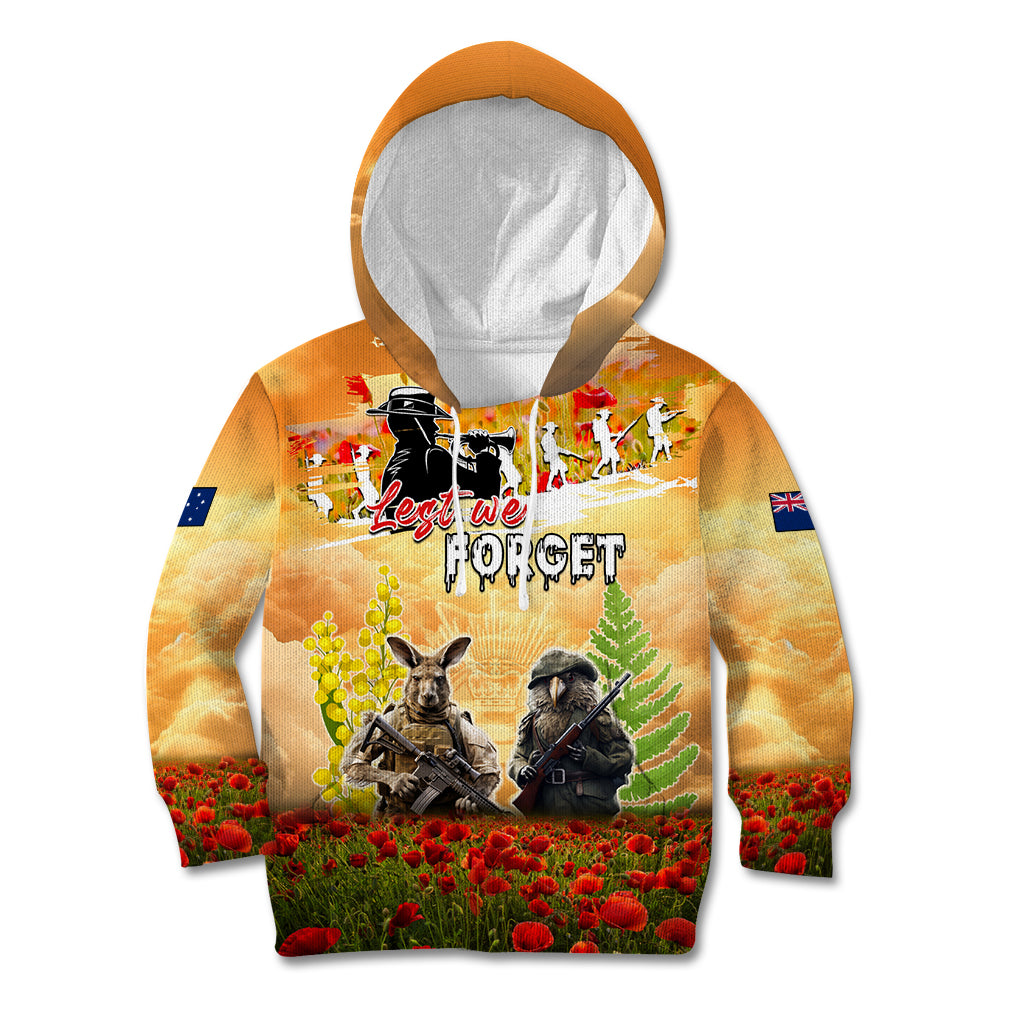 Australia And New Zealand ANZAC Day Kid Hoodie Kangaroo And Kiwi Bird Soldiers Lest We Forget LT05 Hoodie Yellow - Polynesian Pride