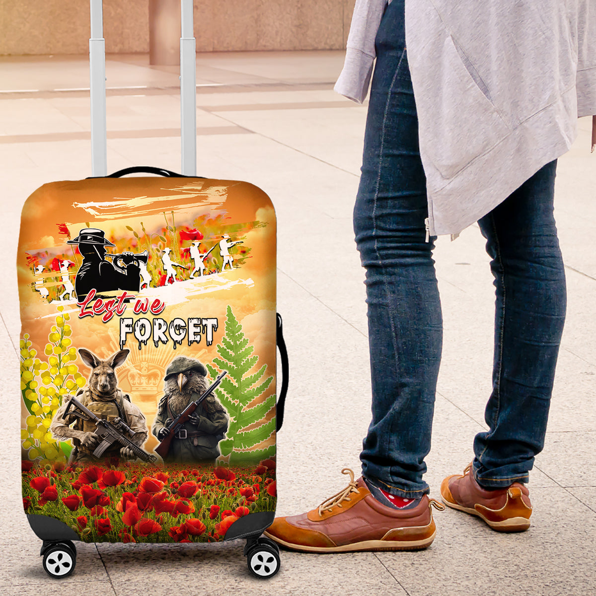 Australia And New Zealand ANZAC Day Luggage Cover Kangaroo And Kiwi Bird Soldiers Lest We Forget