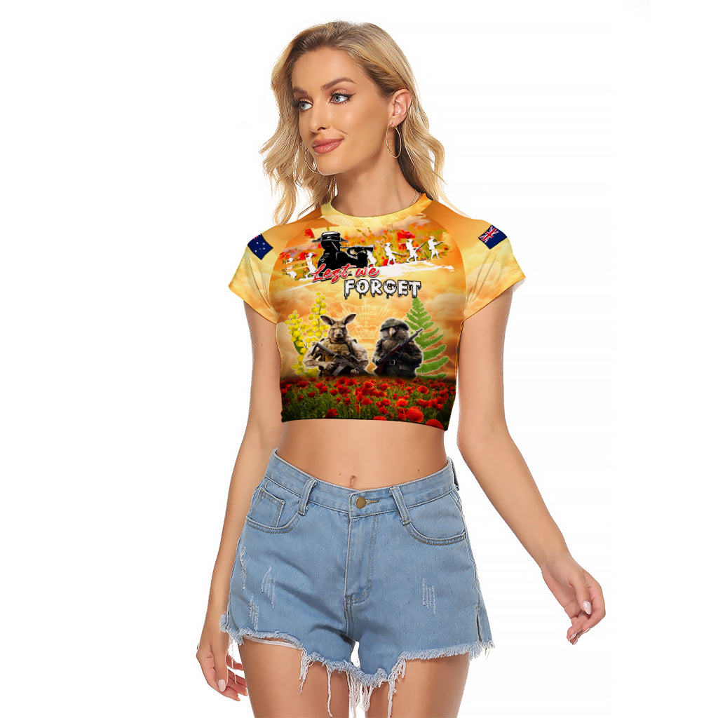 Australia And New Zealand ANZAC Day Raglan Cropped T Shirt Kangaroo And Kiwi Bird Soldiers Lest We Forget LT05 Female Yellow - Polynesian Pride