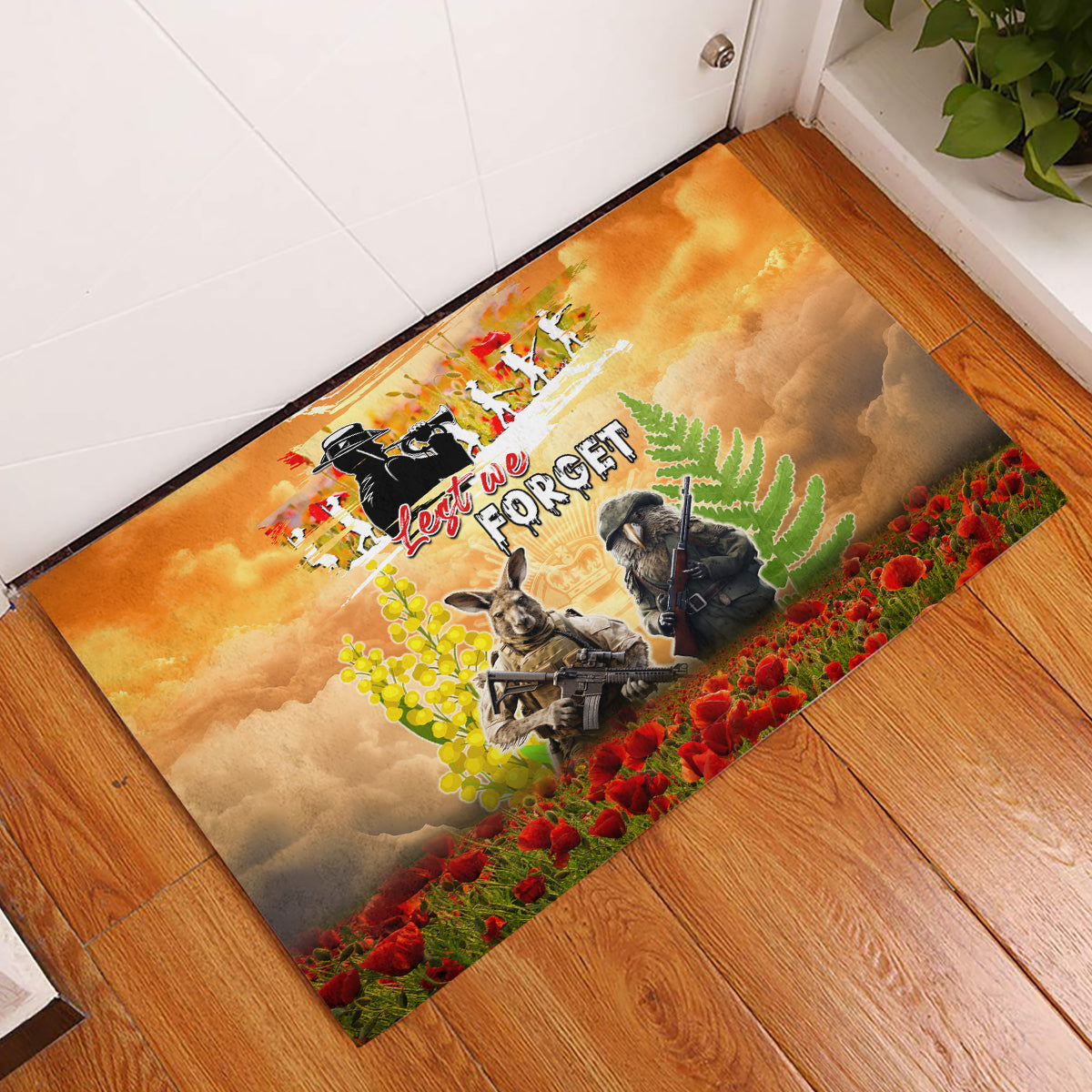 Australia And New Zealand ANZAC Day Rubber Doormat Kangaroo And Kiwi Bird Soldiers Lest We Forget LT05 Yellow - Polynesian Pride