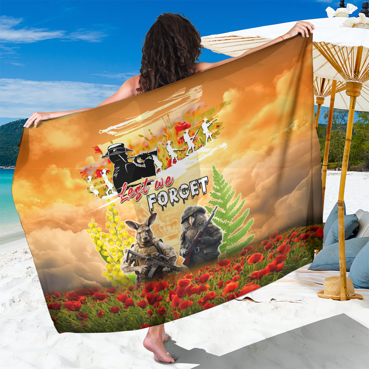 Australia And New Zealand ANZAC Day Sarong Kangaroo And Kiwi Bird Soldiers Lest We Forget LT05 One Size 44 x 66 inches Yellow - Polynesian Pride