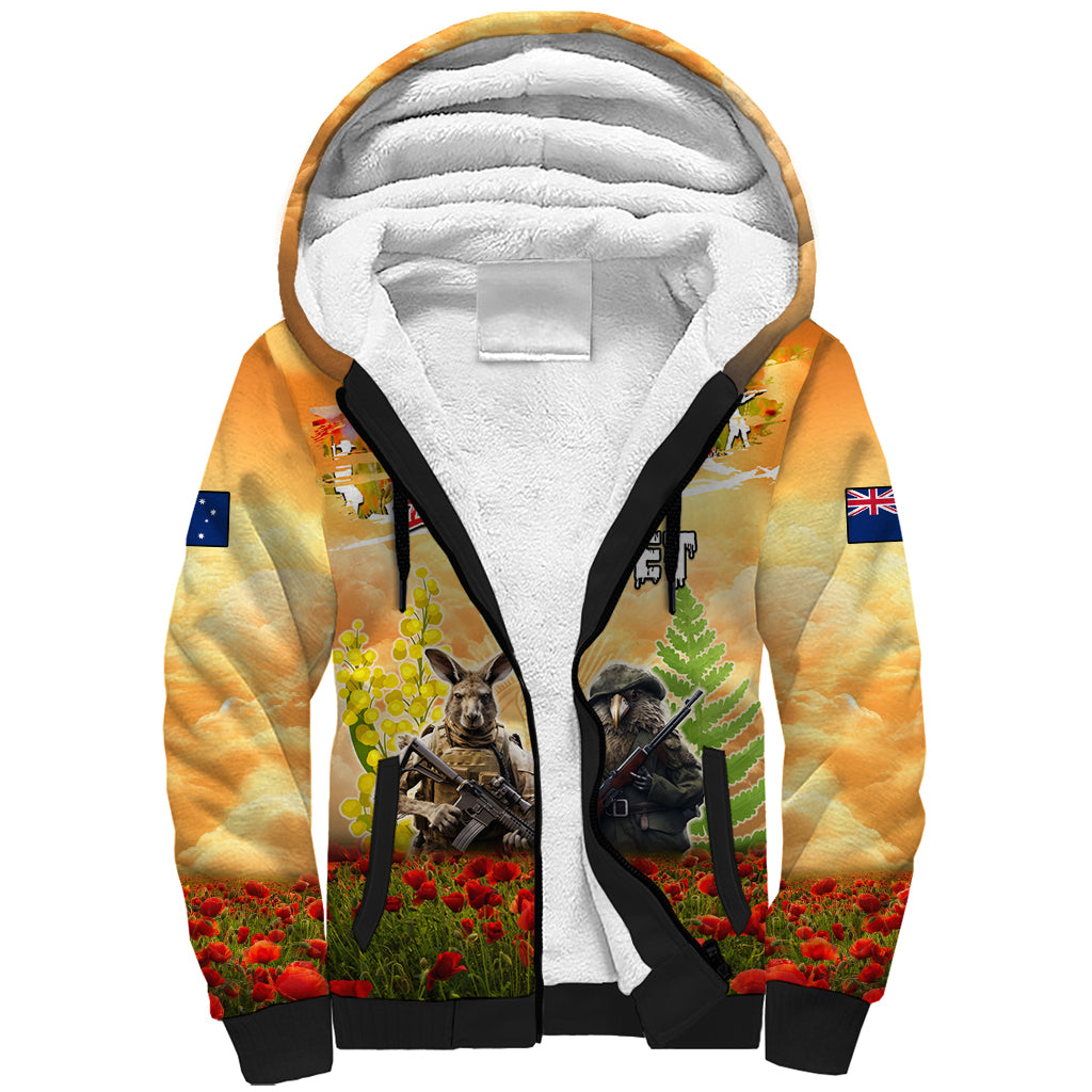 Australia And New Zealand ANZAC Day Sherpa Hoodie Kangaroo And Kiwi Bird Soldiers Lest We Forget LT05 Unisex Yellow - Polynesian Pride