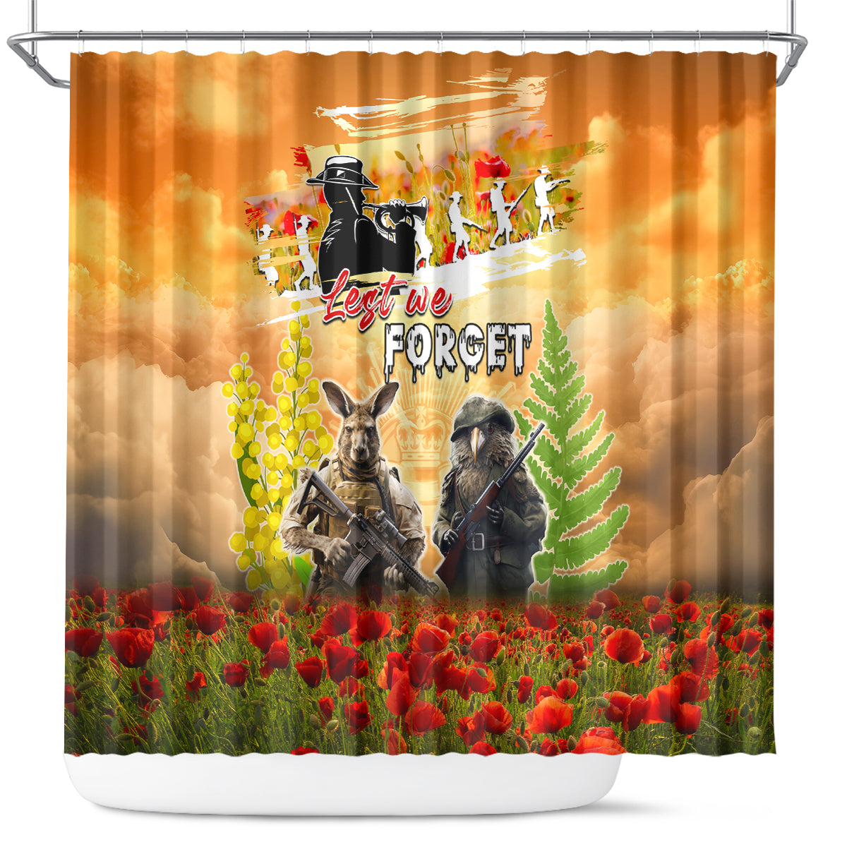 Australia And New Zealand ANZAC Day Shower Curtain Kangaroo And Kiwi Bird Soldiers Lest We Forget LT05 Yellow - Polynesian Pride