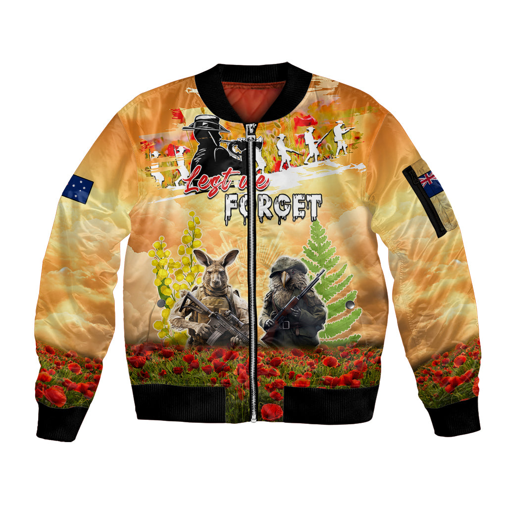 Australia And New Zealand ANZAC Day Sleeve Zip Bomber Jacket Kangaroo And Kiwi Bird Soldiers Lest We Forget LT05 Unisex Yellow - Polynesian Pride