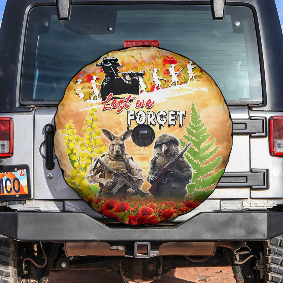 Australia And New Zealand ANZAC Day Spare Tire Cover Kangaroo And Kiwi Bird Soldiers Lest We Forget