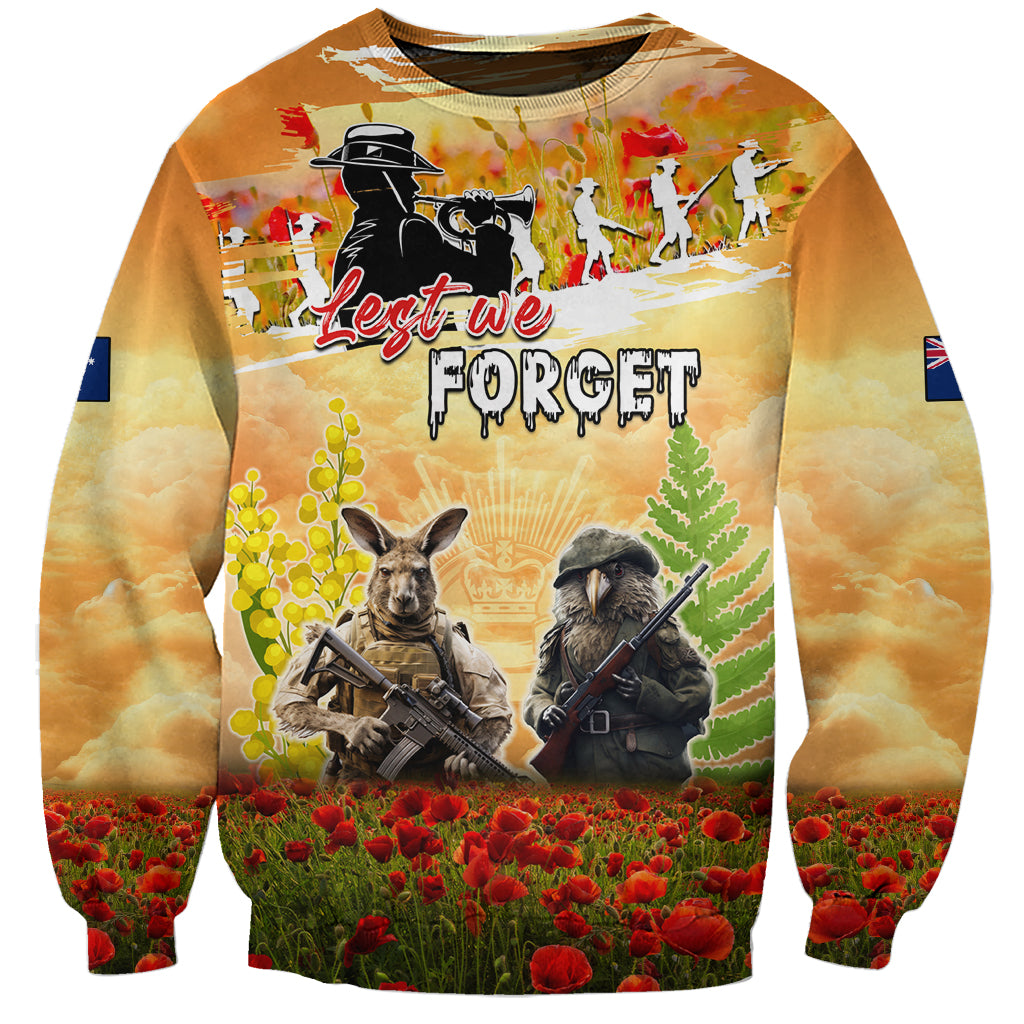 Australia And New Zealand ANZAC Day Sweatshirt Kangaroo And Kiwi Bird Soldiers Lest We Forget LT05 Unisex Yellow - Polynesian Pride