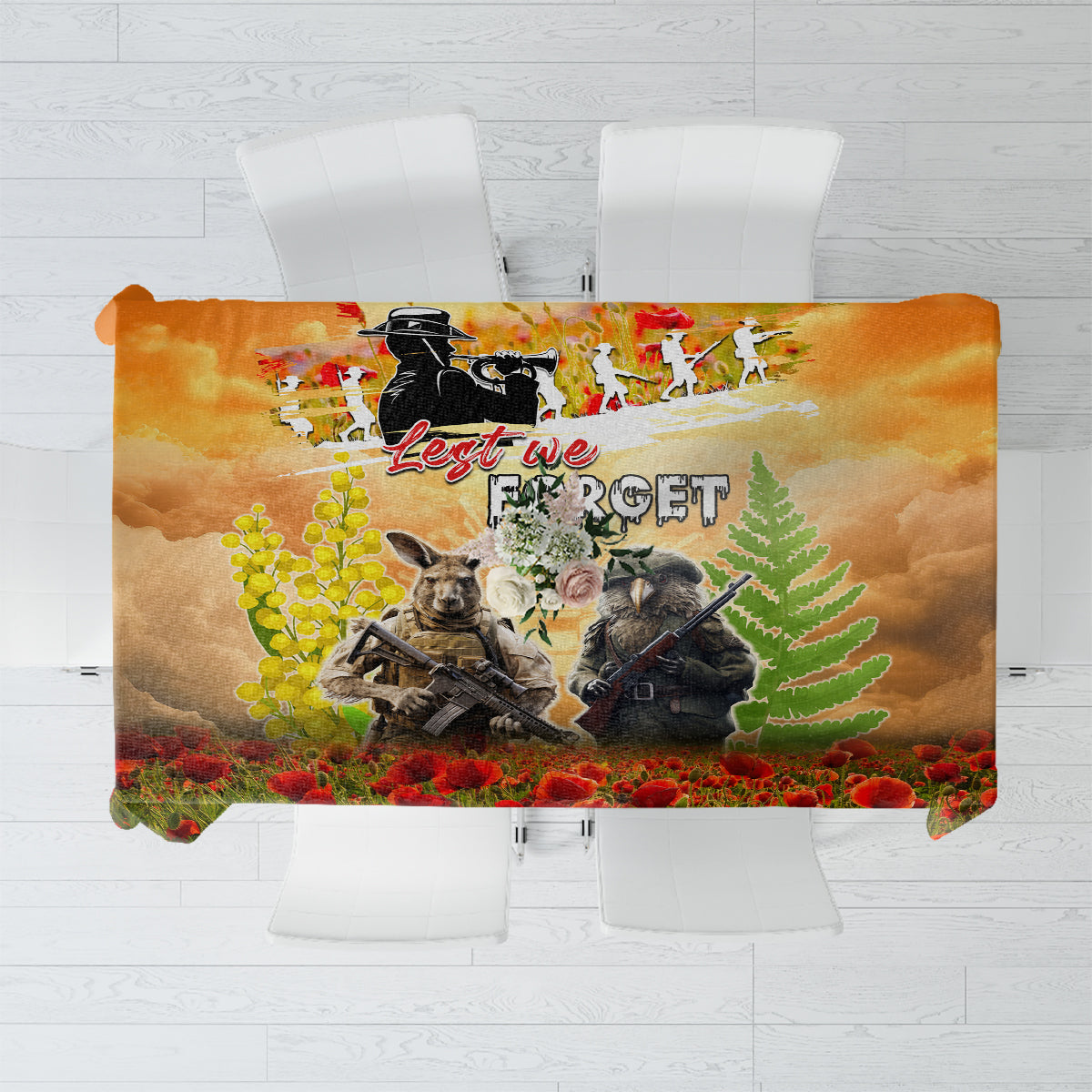 Australia And New Zealand ANZAC Day Tablecloth Kangaroo And Kiwi Bird Soldiers Lest We Forget LT05 Yellow - Polynesian Pride