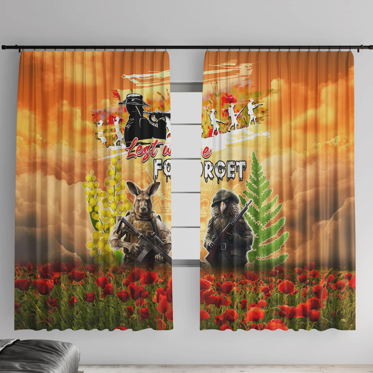 Australia And New Zealand ANZAC Day Window Curtain Kangaroo And Kiwi Bird Soldiers Lest We Forget LT05 With Hooks Yellow - Polynesian Pride